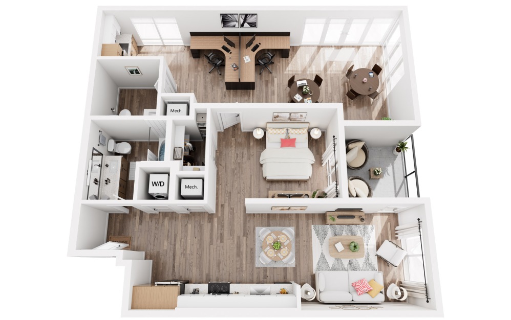Y - Live/Work - 1 bedroom floorplan layout with 1 bathroom and 1258 square feet (3D)